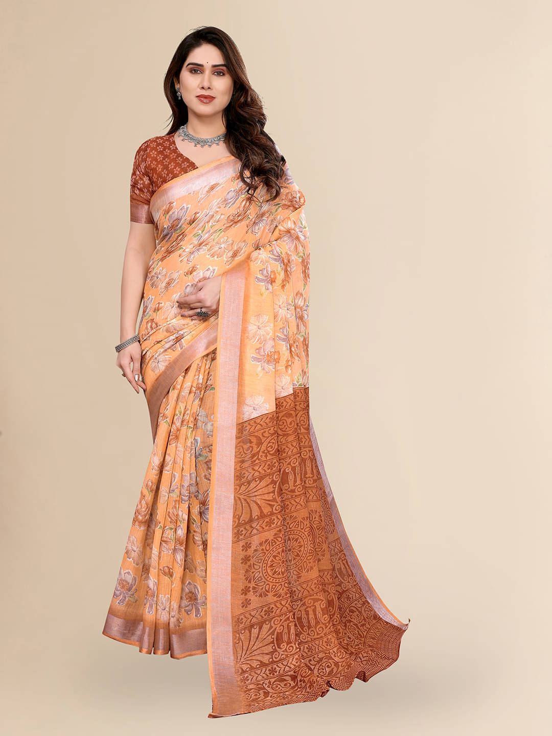     			ANAND SAREES Linen Printed Ilkal Saree With Unstitched Blouse Piece ( ORANGE )