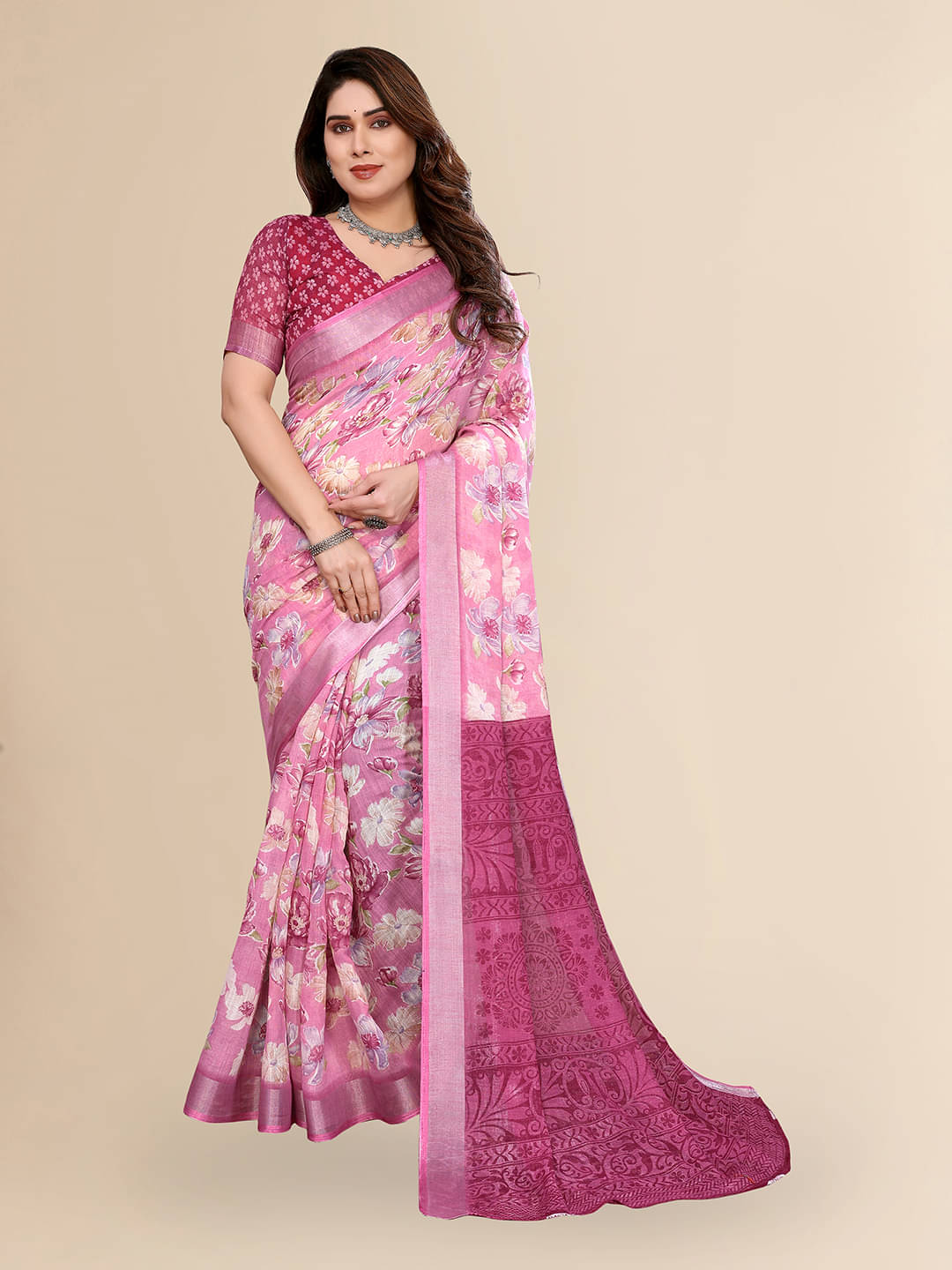 ANAND SAREES Linen Printed Ilkal Saree With Unstitched Blouse Piece ( PINK ) ANAND SAREES Linen Printed Ilkal Saree With Unstitched Blouse Piece ( PINK )