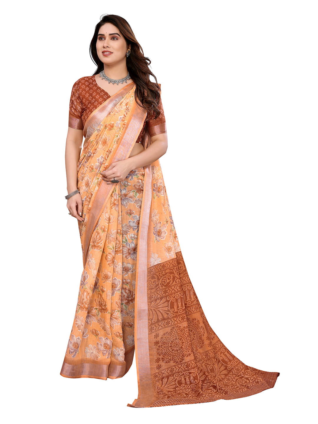ANAND SAREES Linen Printed Ilkal Saree With Unstitched Blouse Piece ( ORANGE )     			ANAND SAREES Linen Printed Ilkal Saree With Unstitched Blouse Piece ( ORANGE )