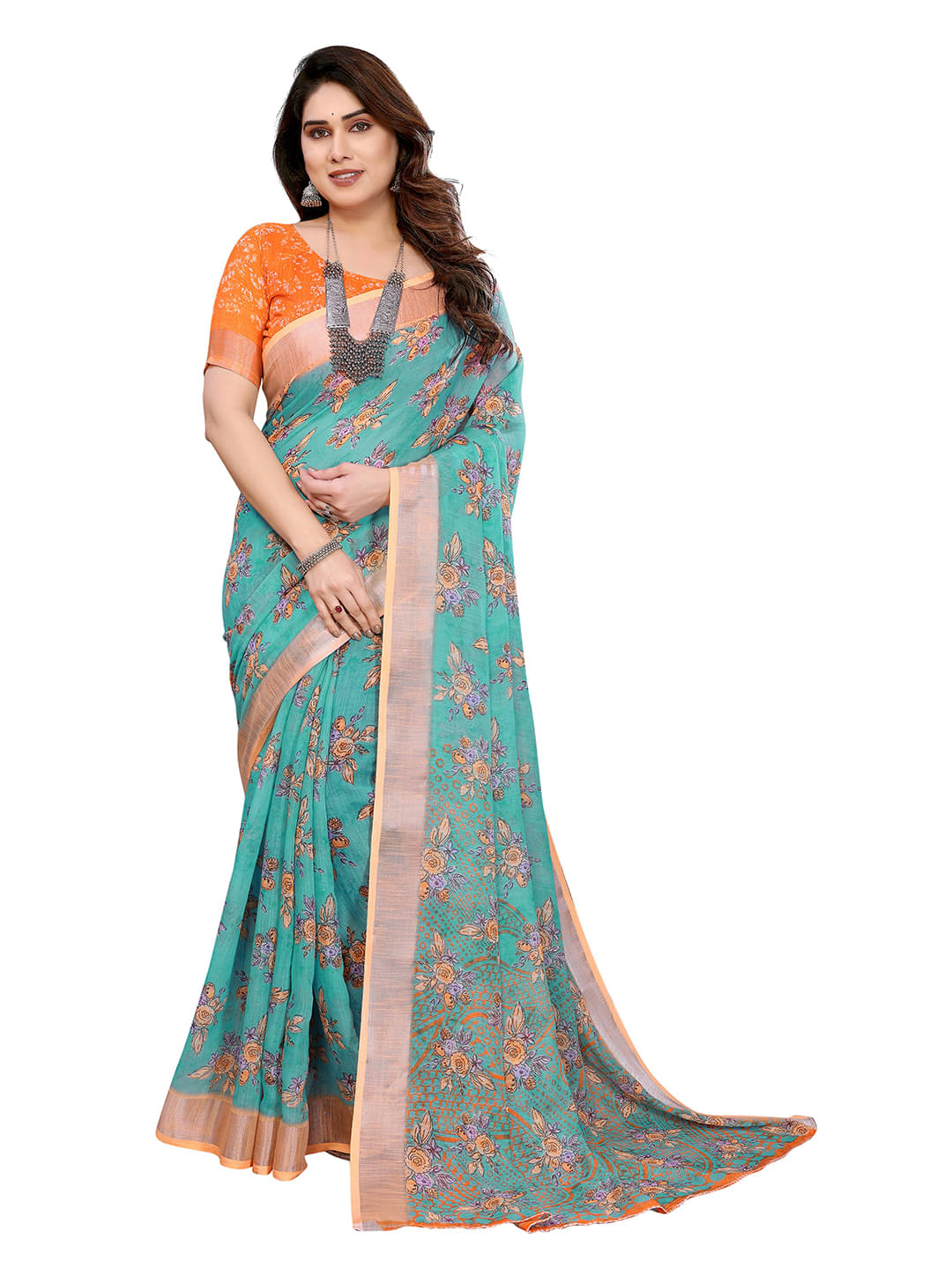     			ANAND SAREES Linen Printed Ilkal Saree With Unstitched Blouse Piece ( RAMA )