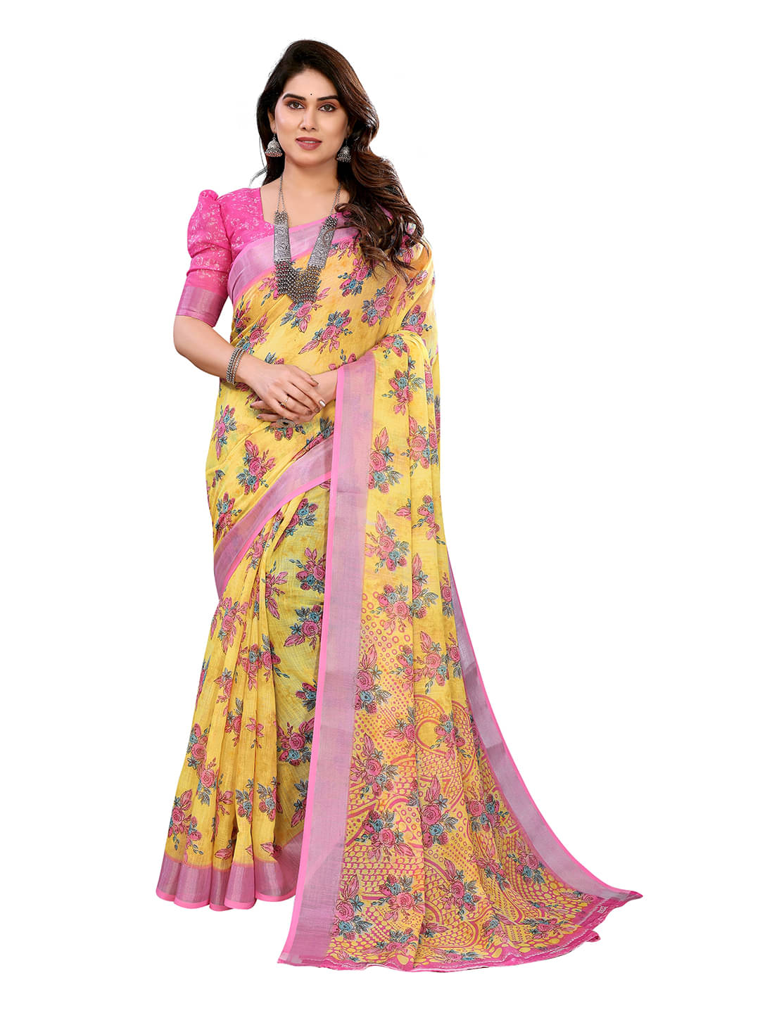     			ANAND SAREES Linen Printed Ilkal Saree With Unstitched Blouse Piece ( YELLOW )