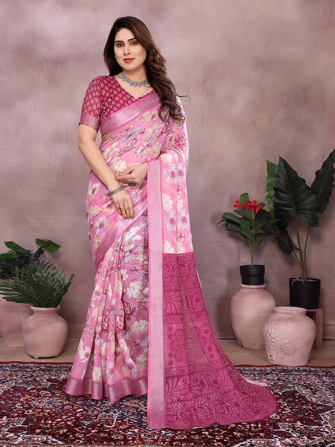 ANAND SAREES Linen Printed Ilkal Saree With Unstitched Blouse Piece ( PINK ) ANAND SAREES Linen Printed Ilkal Saree With Unstitched Blouse Piece ( PINK )