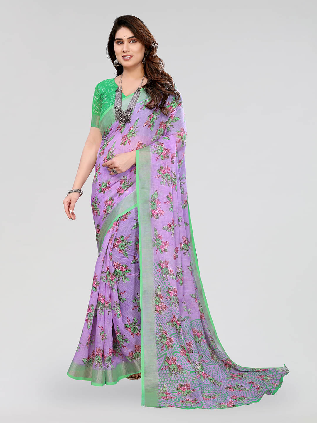     			ANAND SAREES Linen Printed Ilkal Saree With Unstitched Blouse Piece ( PURPLE )