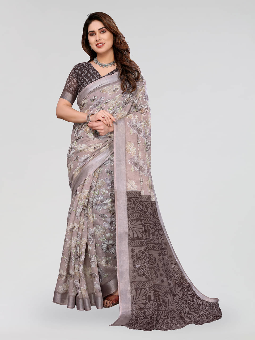     			ANAND SAREES Linen Printed Ilkal Saree With Unstitched Blouse Piece ( GREY )