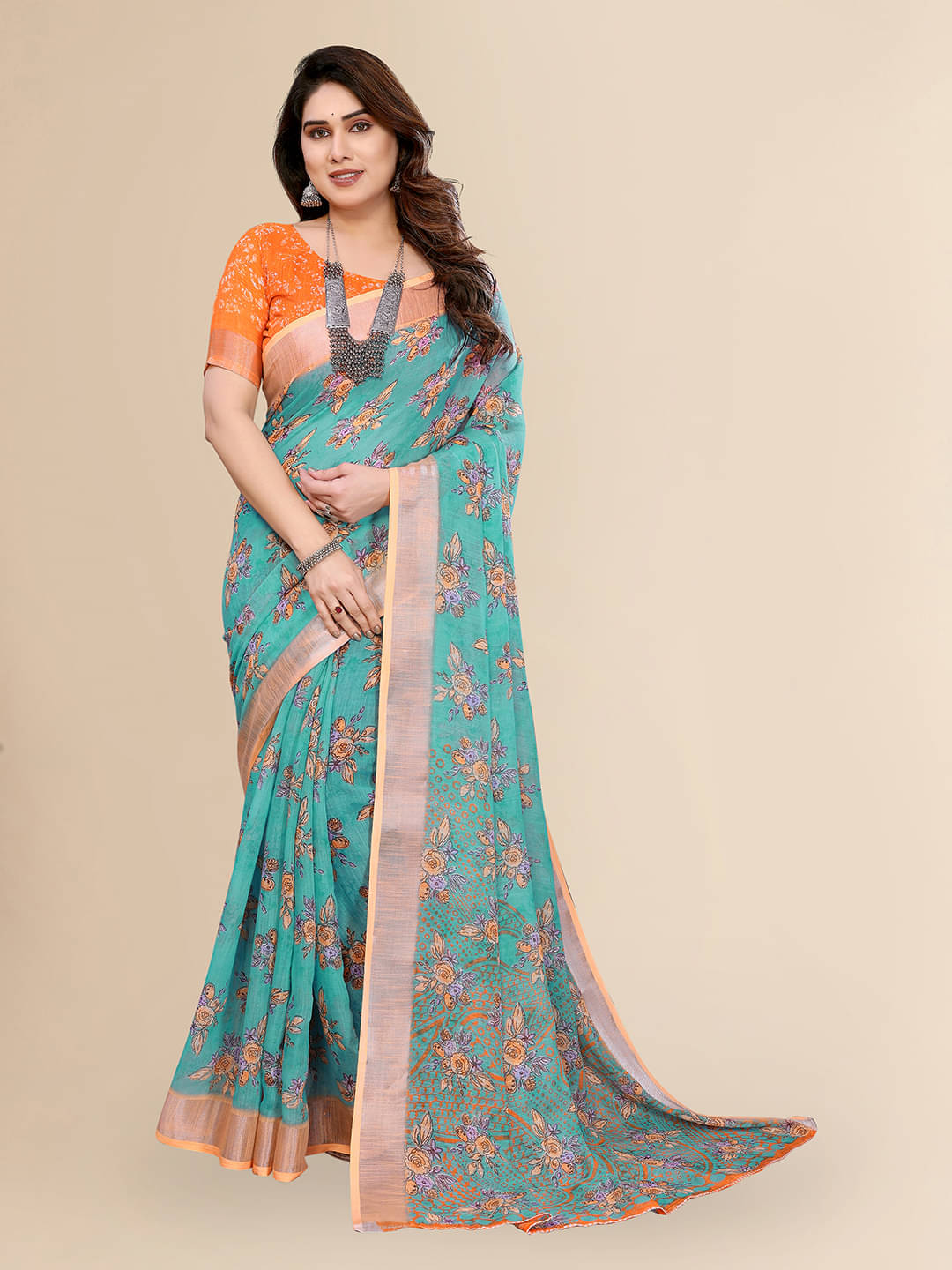     			ANAND SAREES Linen Printed Ilkal Saree With Unstitched Blouse Piece ( RAMA )