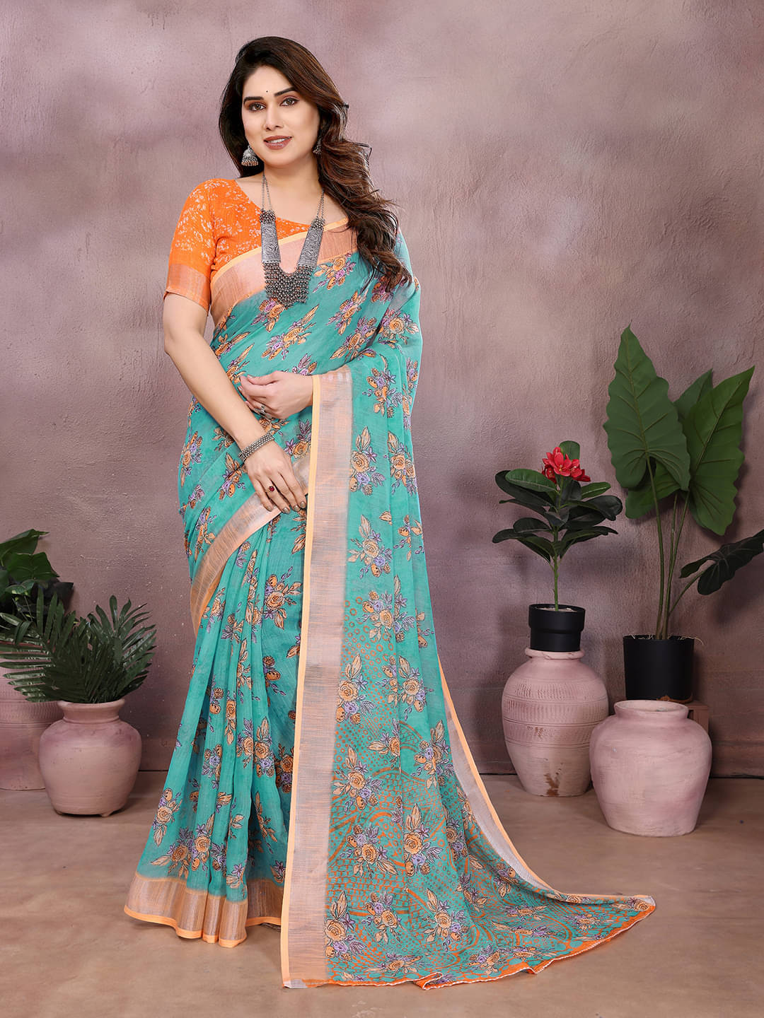     			ANAND SAREES Linen Printed Ilkal Saree With Unstitched Blouse Piece ( RAMA )