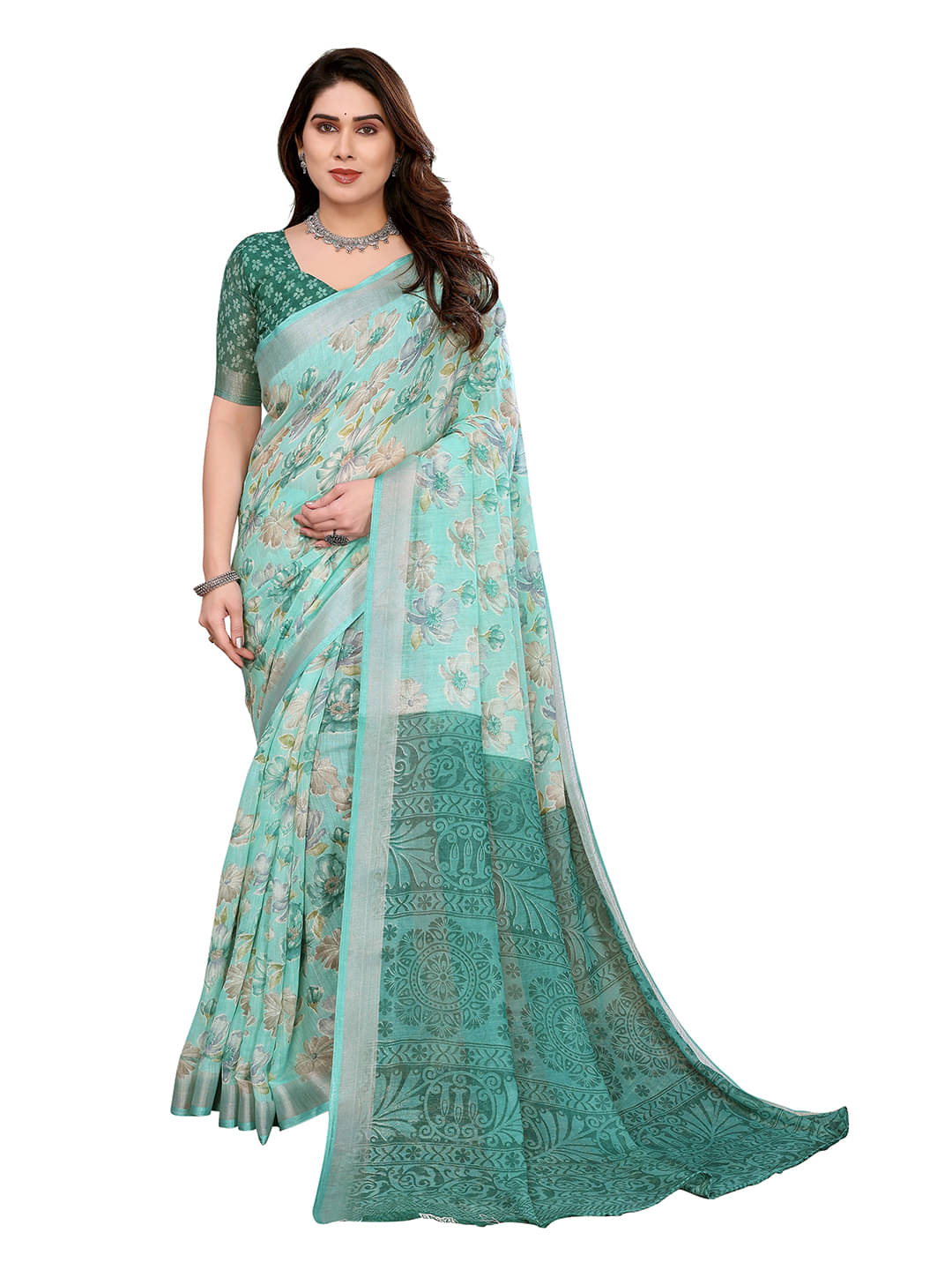 ANAND SAREES Linen Printed Ilkal Saree With Unstitched Blouse Piece ( RAMA ) ANAND SAREES Linen Printed Ilkal Saree With Unstitched Blouse Piece ( RAMA )