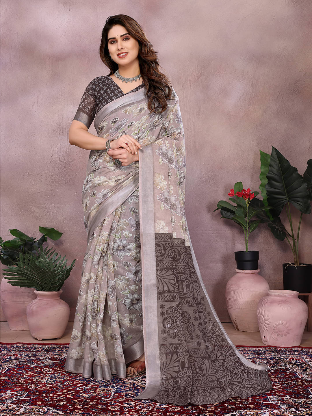    			ANAND SAREES Linen Printed Ilkal Saree With Unstitched Blouse Piece ( GREY )