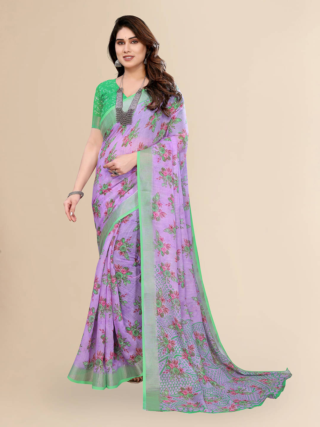    			ANAND SAREES Linen Printed Ilkal Saree With Unstitched Blouse Piece ( PURPLE )