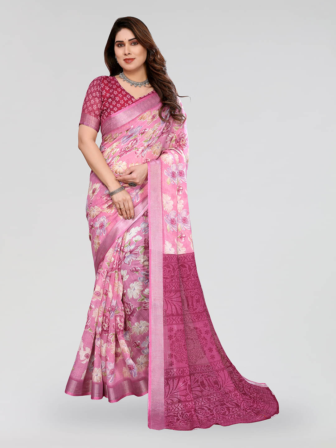     			ANAND SAREES Linen Printed Ilkal Saree With Unstitched Blouse Piece ( PINK )
