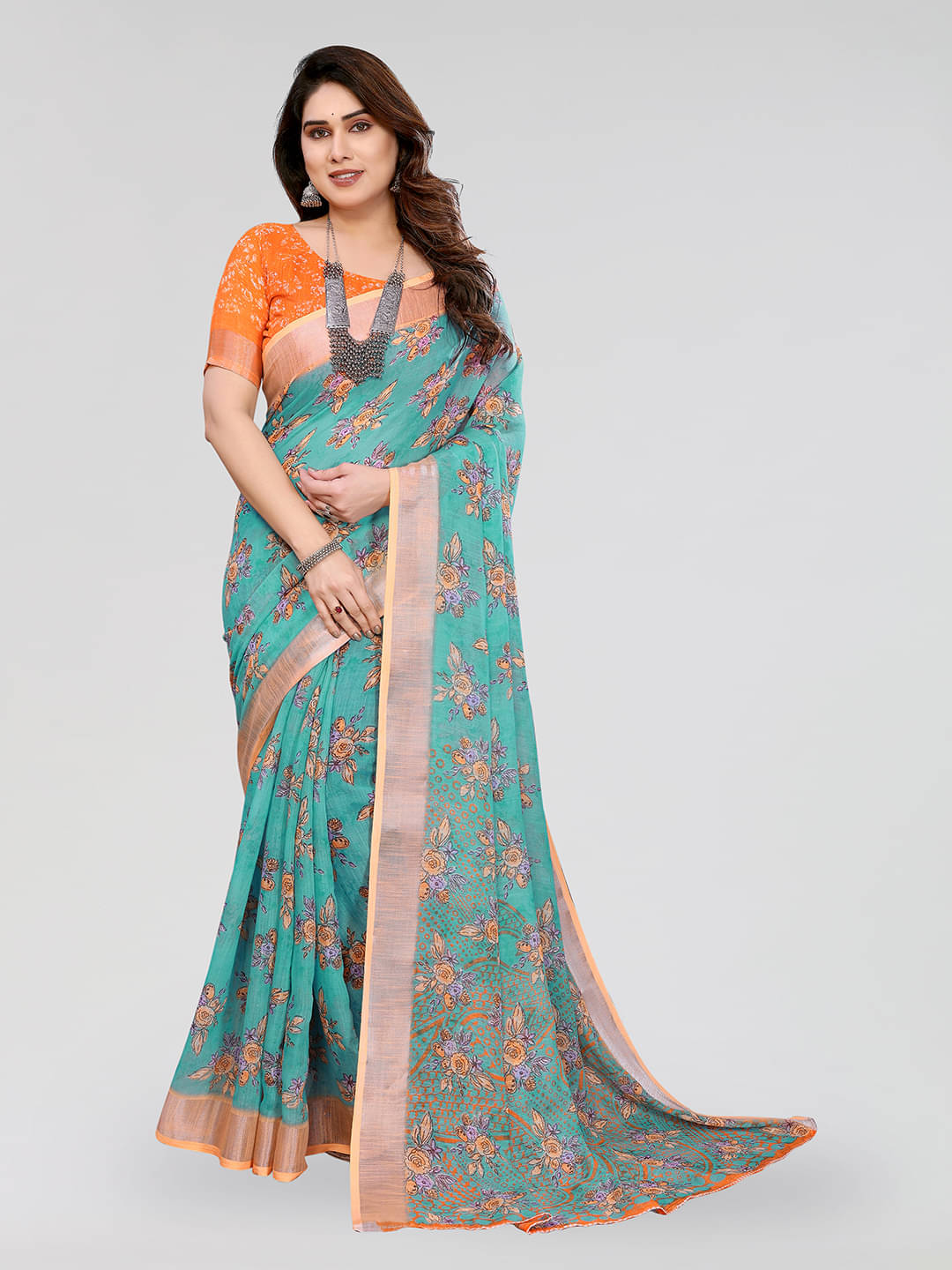     			ANAND SAREES Linen Printed Ilkal Saree With Unstitched Blouse Piece ( RAMA )