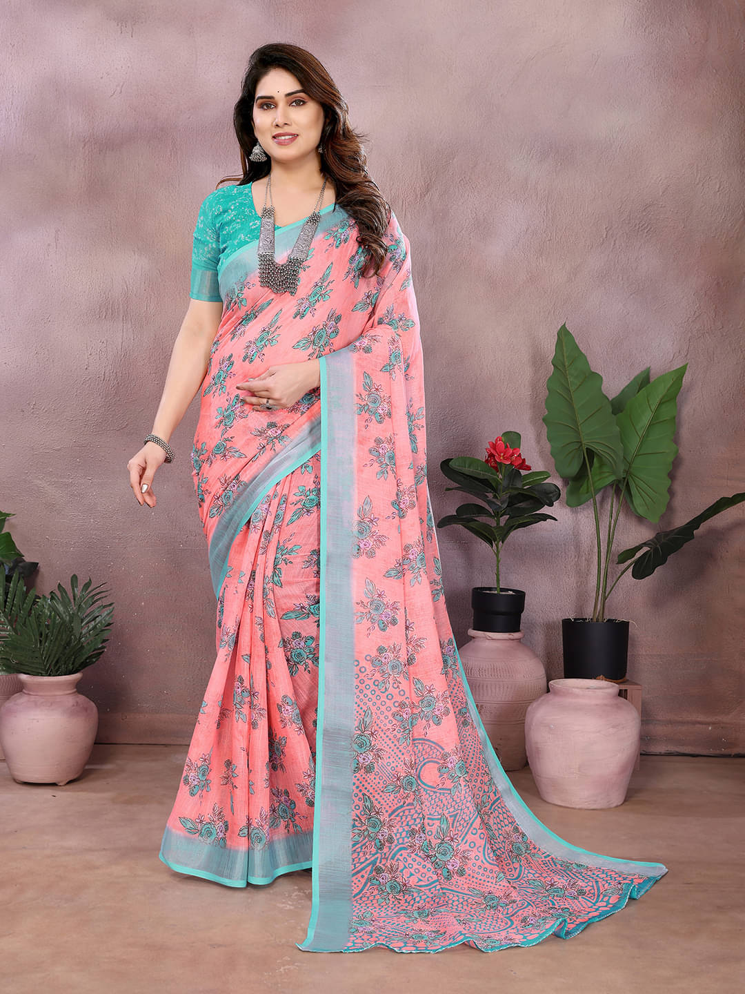     			ANAND SAREES Linen Printed Ilkal Saree With Unstitched Blouse Piece ( PINK )