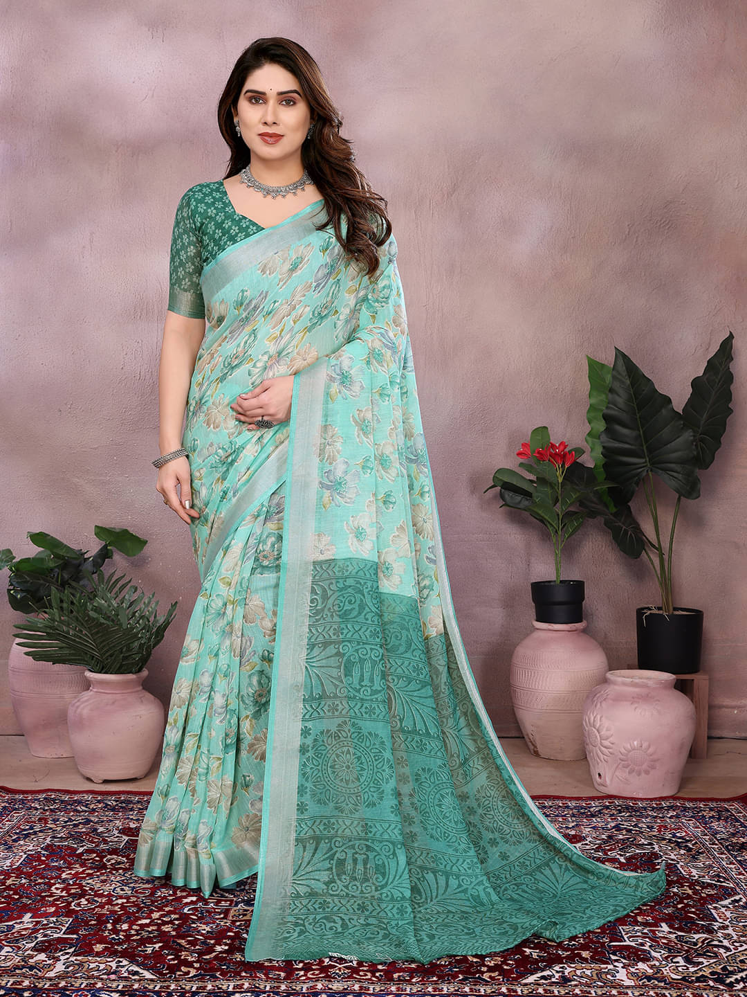 ANAND SAREES Linen Printed Ilkal Saree With Unstitched Blouse Piece ( RAMA )     			ANAND SAREES Linen Printed Ilkal Saree With Unstitched Blouse Piece ( RAMA )