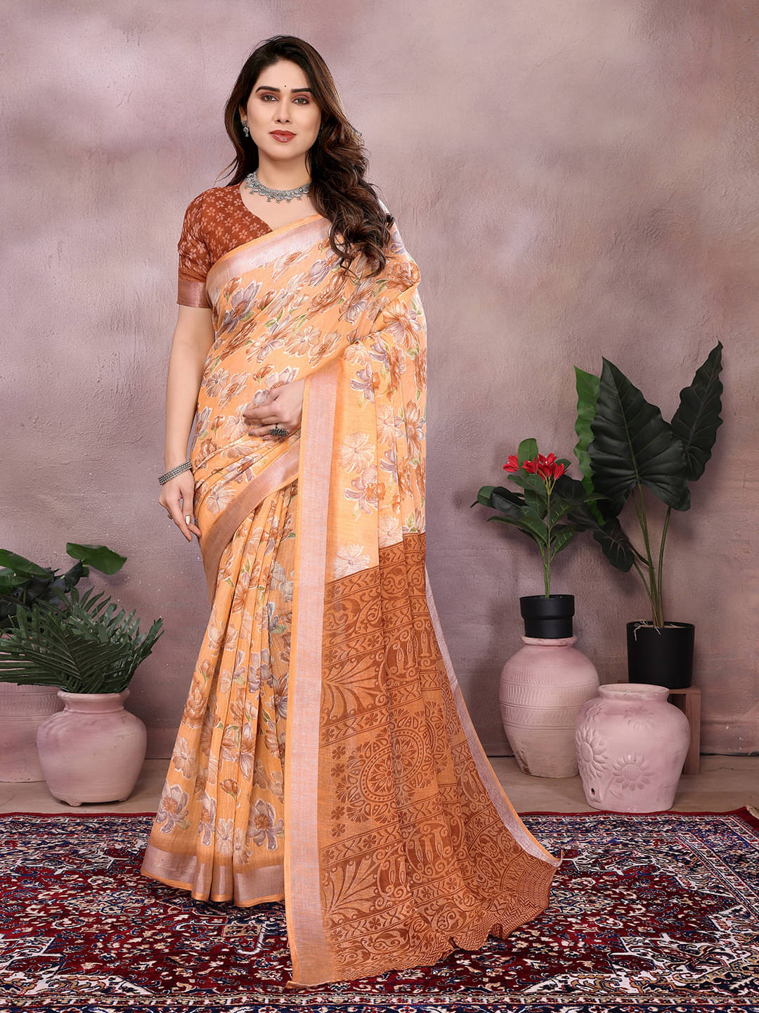     			ANAND SAREES Linen Printed Ilkal Saree With Unstitched Blouse Piece ( ORANGE )