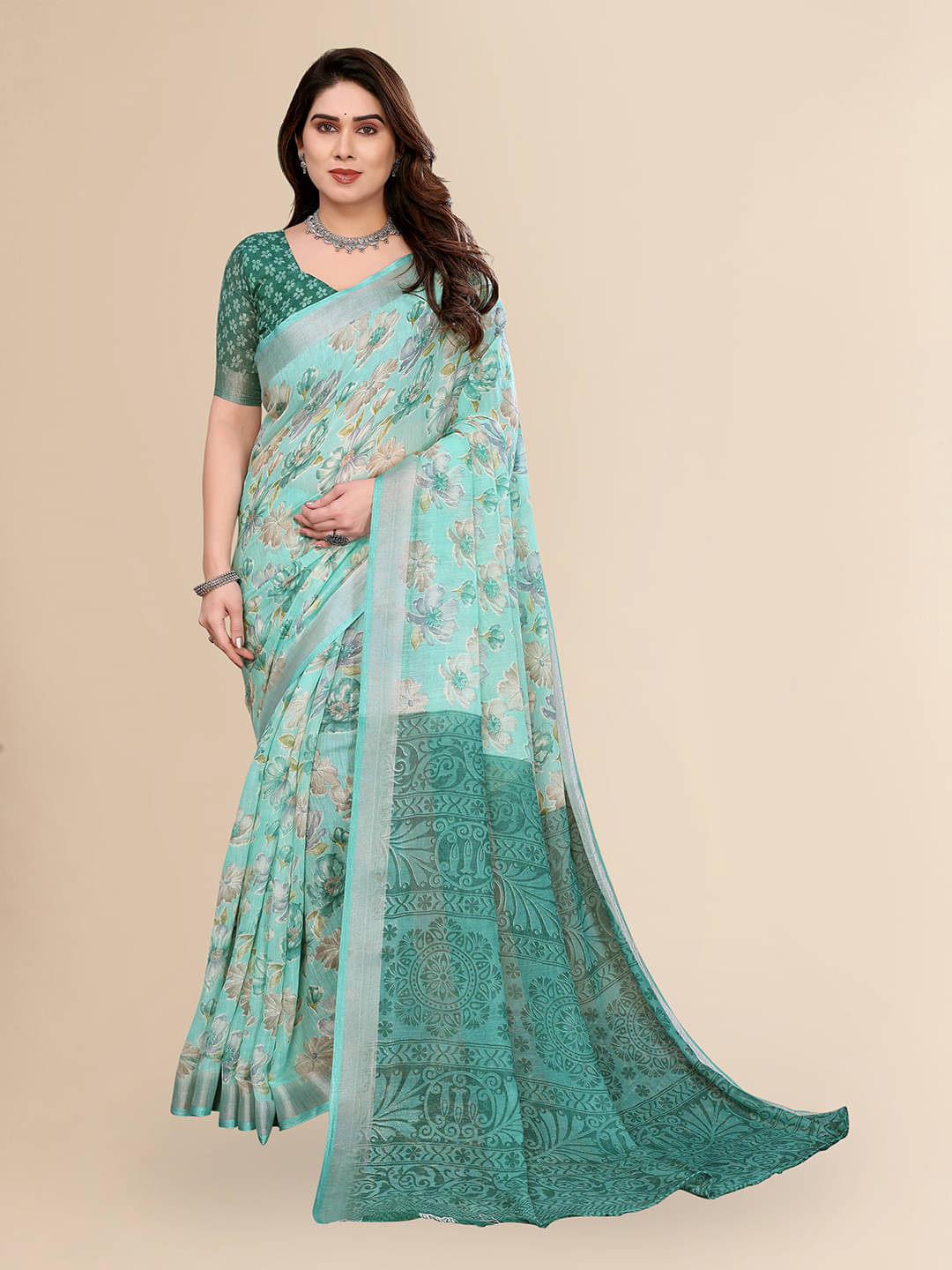     			ANAND SAREES Linen Printed Ilkal Saree With Unstitched Blouse Piece ( RAMA )