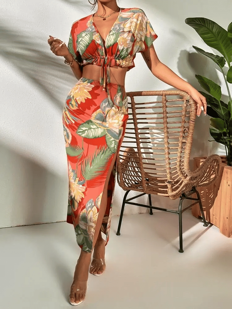 COOL AND CASUAL Women Printed Top With Skirt Co-Ord Set ( Rust )