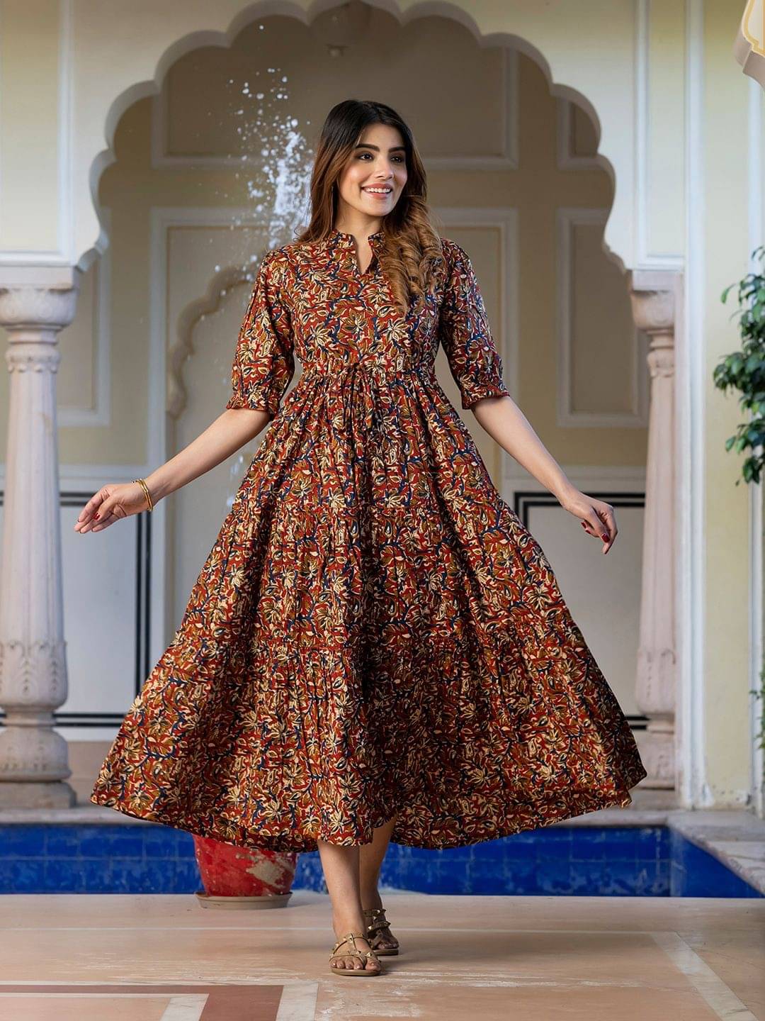 Femvy Women Crepe Printed Fit & Flare Dress ( Brown ) Femvy Women Crepe Printed Fit & Flare Dress ( Brown )