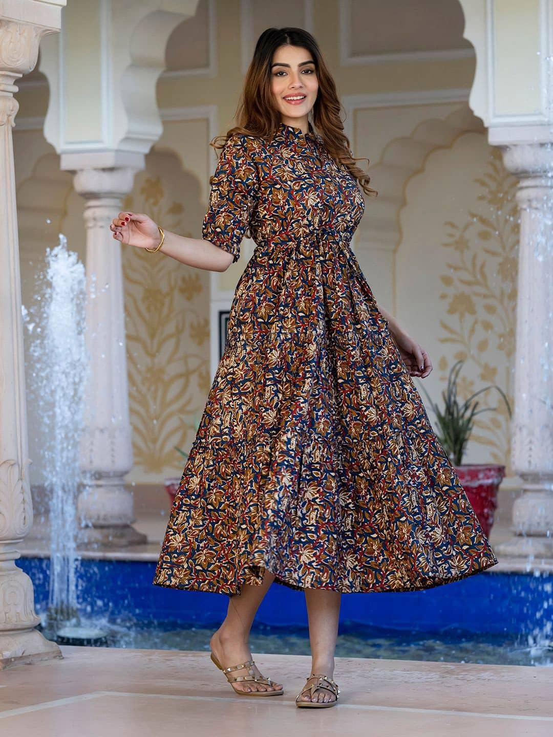 Femvy Women Crepe Printed Fit & Flare Dress ( Brown )
