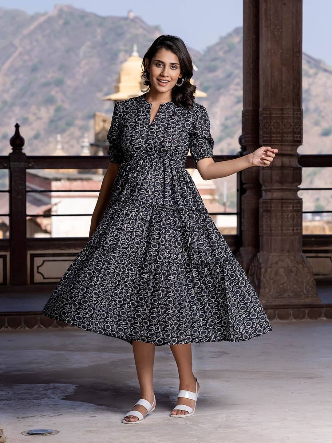     			Femvy Women Crepe Printed Fit & Flare Dress ( Black )