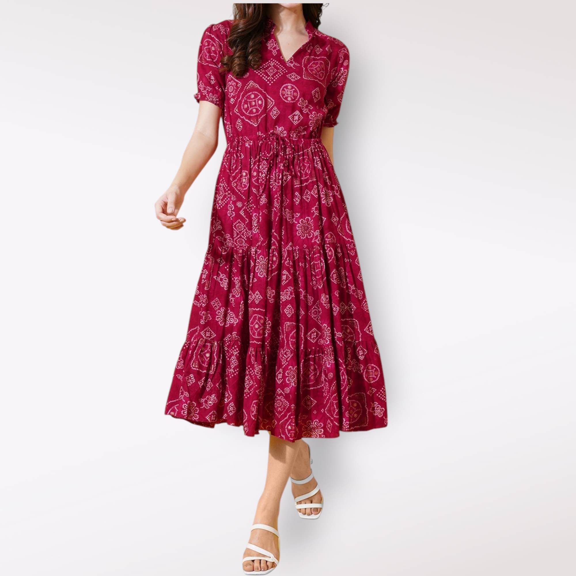     			Femvy Women Crepe Printed Fit & Flare Dress ( Pink )