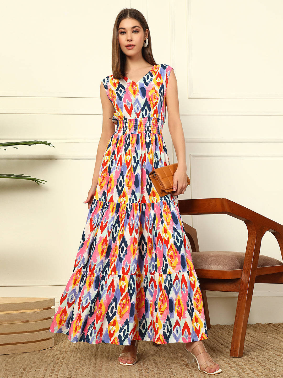    			Femvy Women Crepe Printed Fit & Flare Dress ( Multicolor )