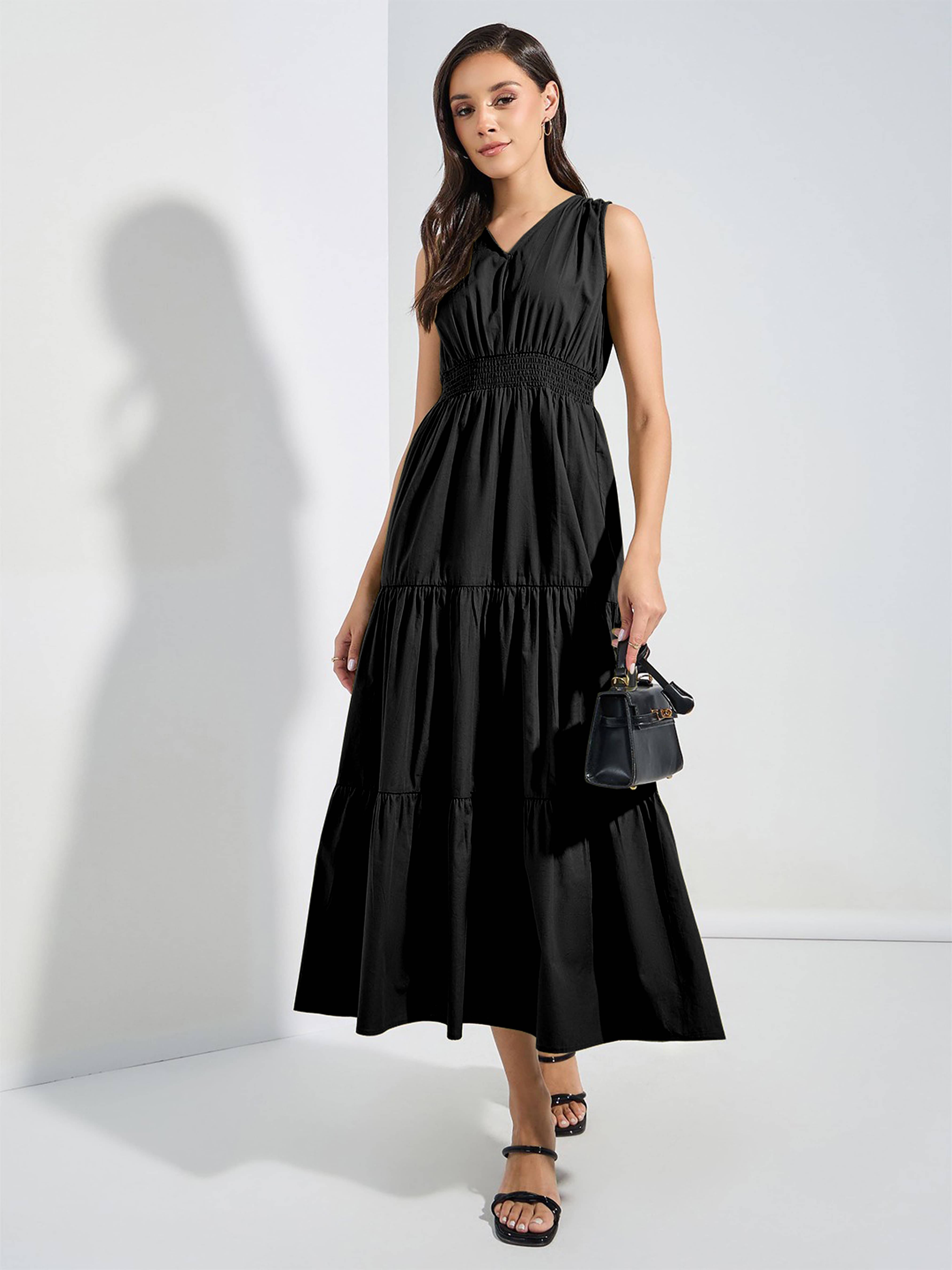     			Femvy Women Crepe Printed Fit & Flare Dress ( Black )