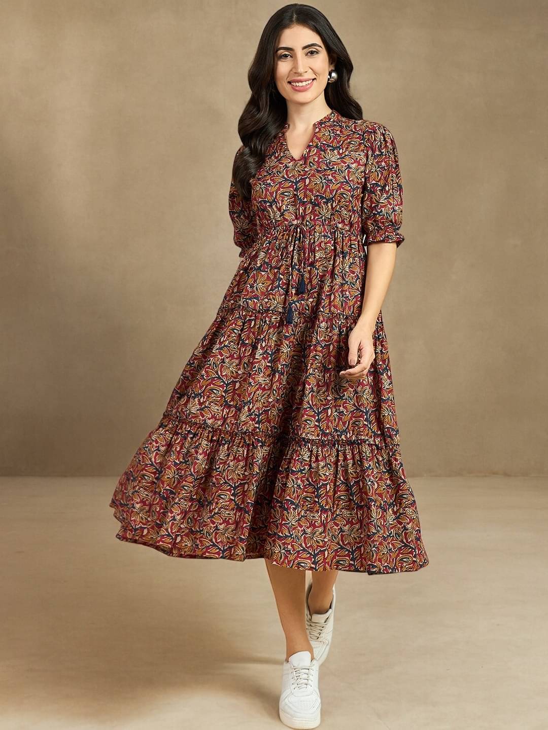     			Femvy Women Crepe Printed Fit & Flare Dress ( Brown )