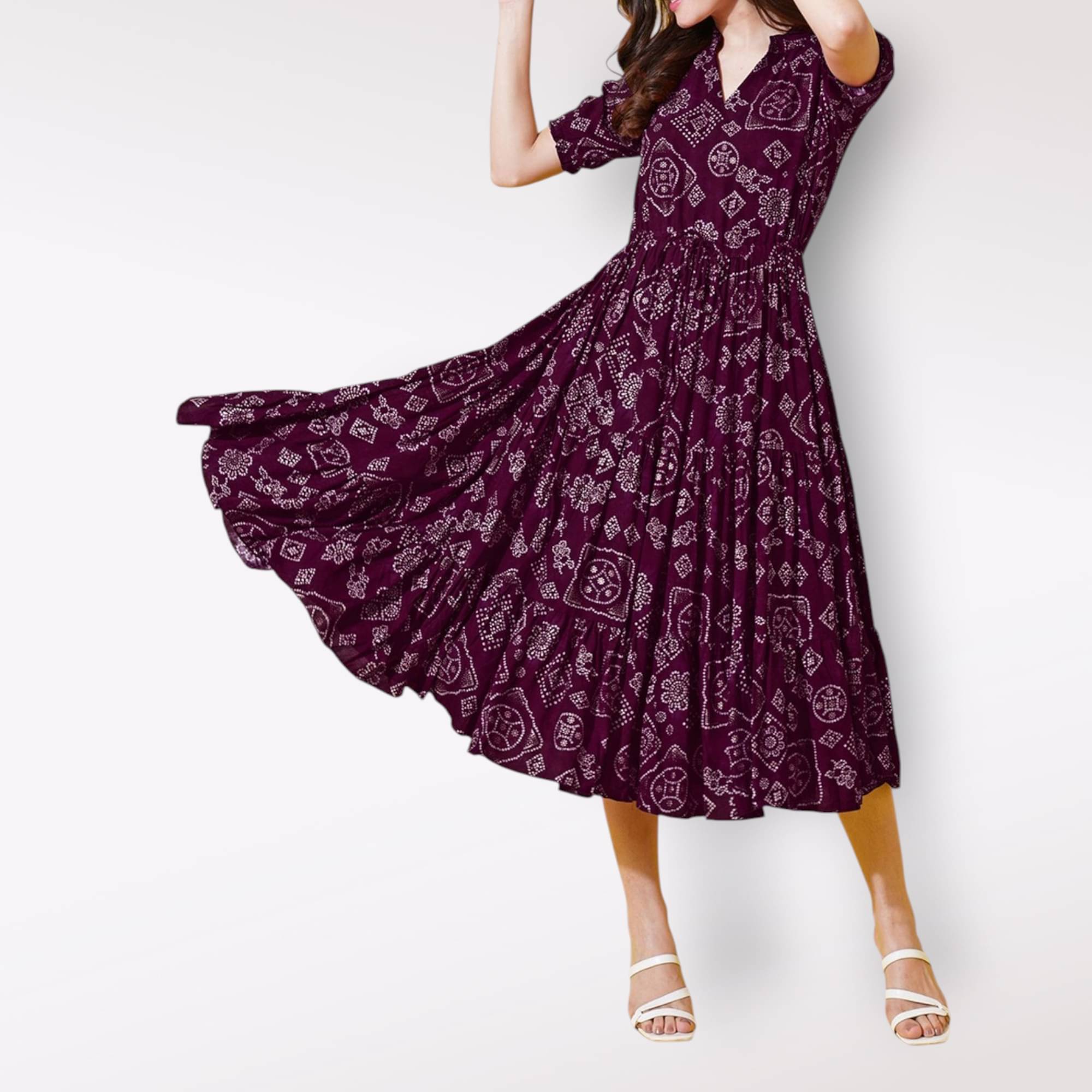 Femvy Women Crepe Printed Fit & Flare Dress ( Wine ) Femvy Women Crepe Printed Fit & Flare Dress ( Wine )