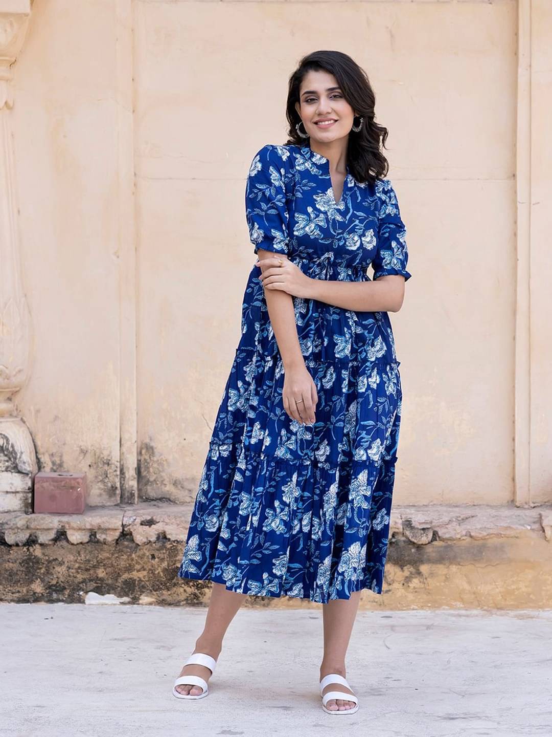     			Femvy Women Crepe Printed Fit & Flare Dress ( Blue )