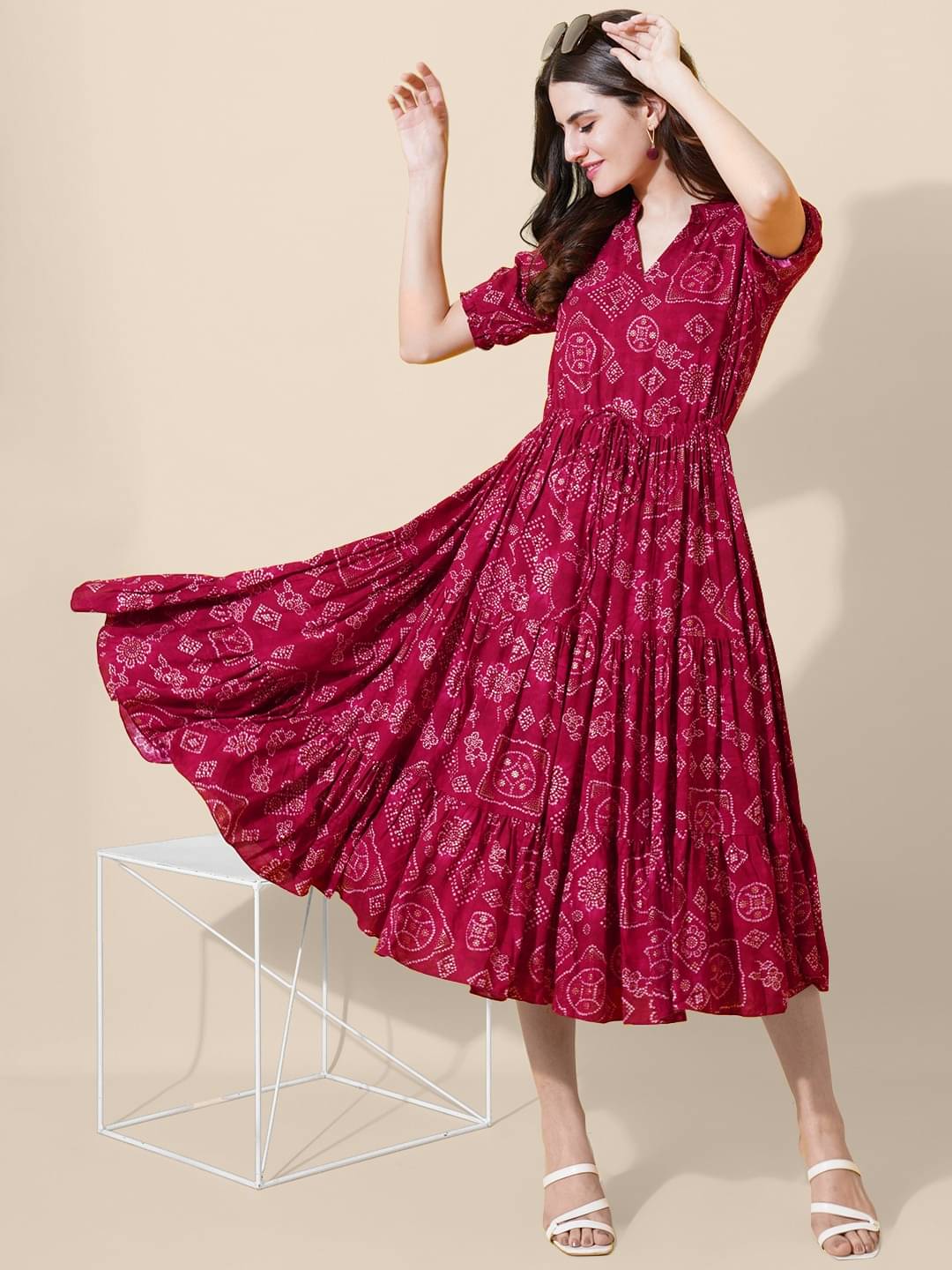     			Femvy Women Crepe Printed Fit & Flare Dress ( Pink )