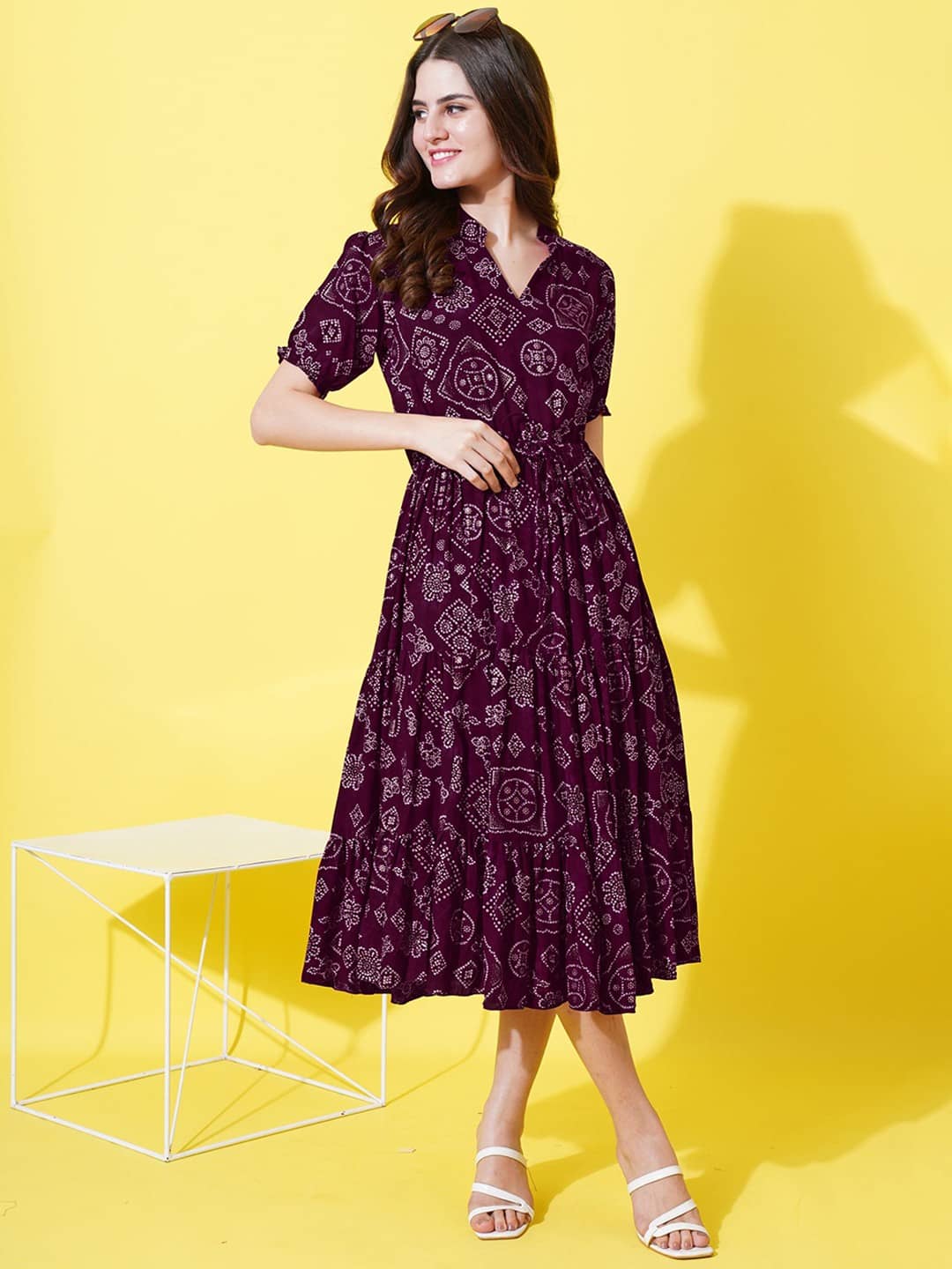 Femvy Women Crepe Printed Fit & Flare Dress ( Wine )