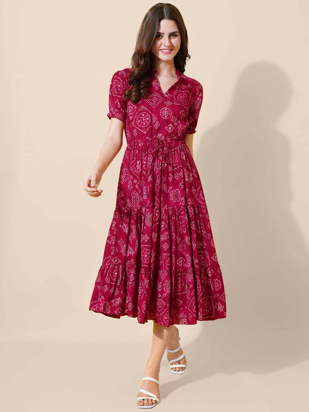     			Femvy Women Crepe Printed Fit & Flare Dress ( Pink )