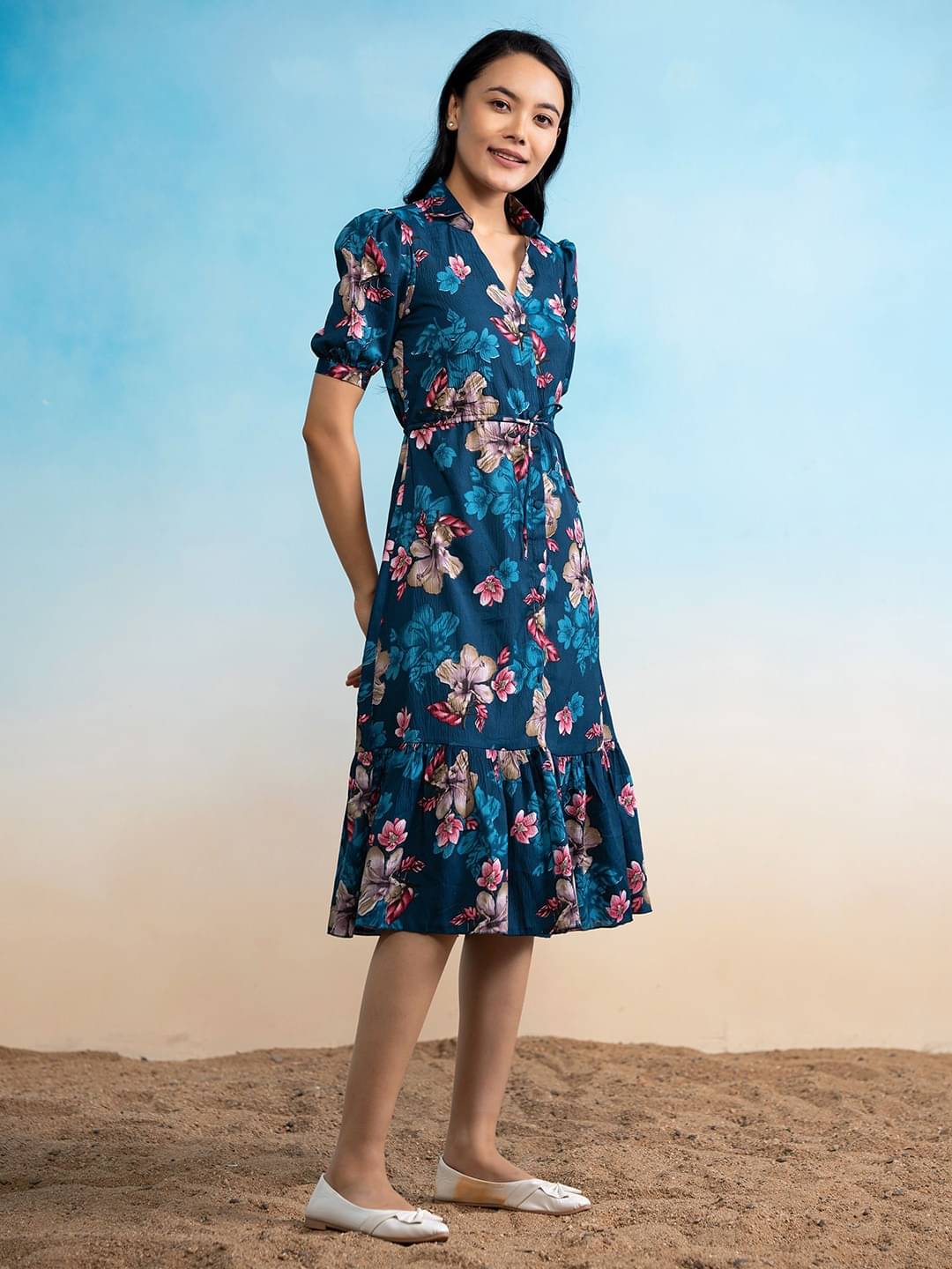     			JASH CREATION Women Crepe Printed Fit & Flare Dress ( Blue )