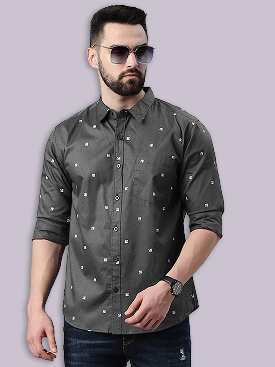     			Joven 100% Cotton Regular Fit Printed Full Sleeves Men's Casual Shirt - Dark Grey ( Pack of 1 )