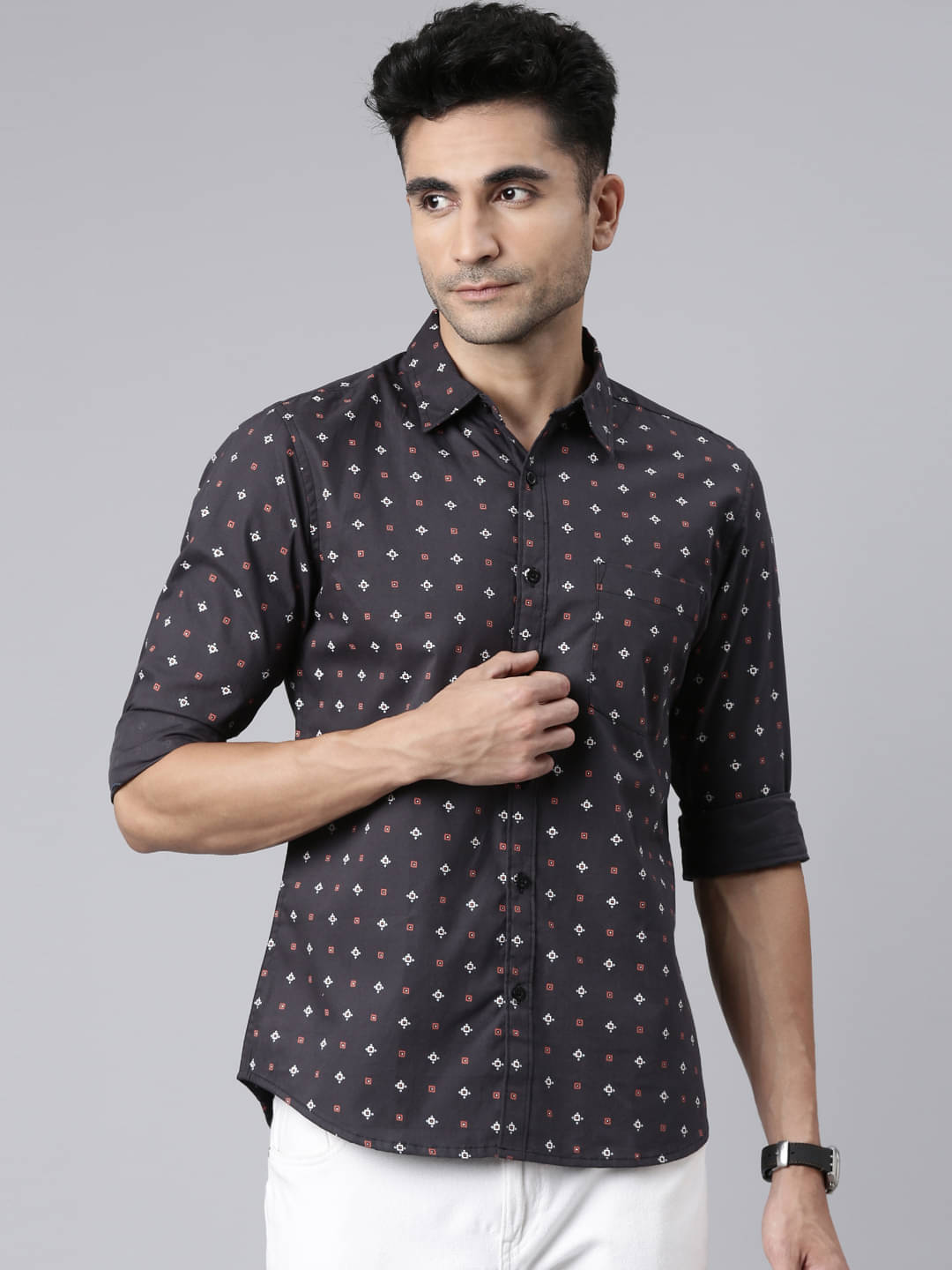 Joven 100% Cotton Regular Fit Printed Full Sleeves Men's Casual Shirt - Dark Grey ( Pack of 1 )     			Joven 100% Cotton Regular Fit Printed Full Sleeves Men's Casual Shirt - Dark Grey ( Pack of 1 )