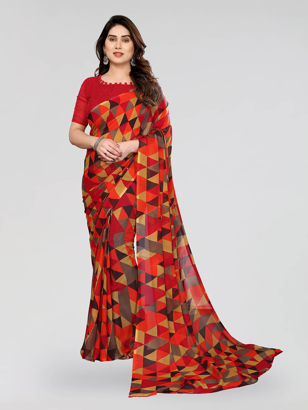     			Kashvi Sarees Georgette Printed Ilkal Saree With Unstitched Blouse Piece ( RED )
