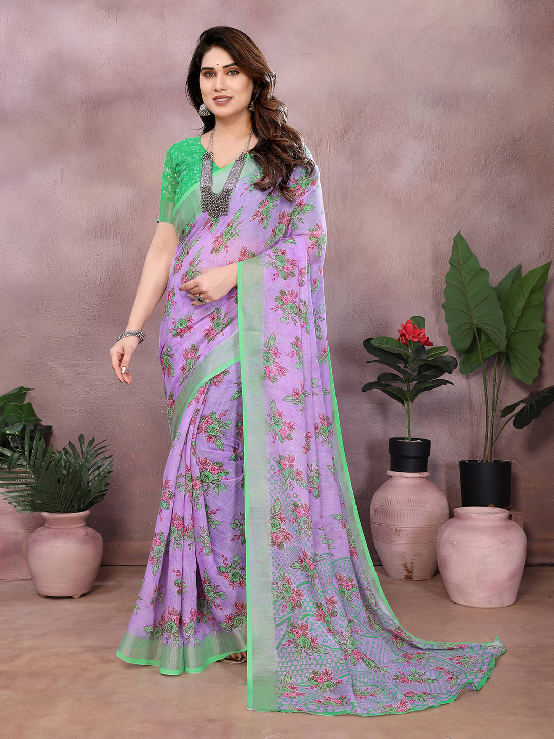 Kashvi Sarees Linen Printed Ilkal Saree With Unstitched Blouse Piece ( PURPLE ) Kashvi Sarees Linen Printed Ilkal Saree With Unstitched Blouse Piece ( PURPLE )