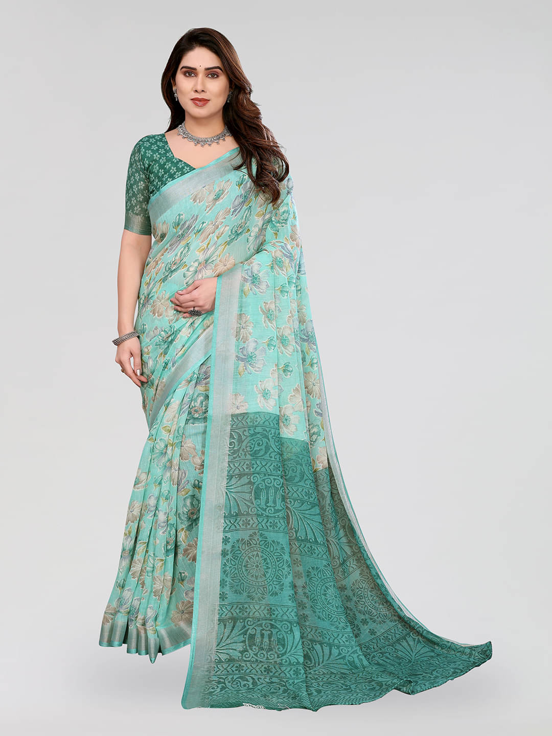     			Kashvi Sarees Linen Printed Ilkal Saree With Unstitched Blouse Piece ( RAMA )