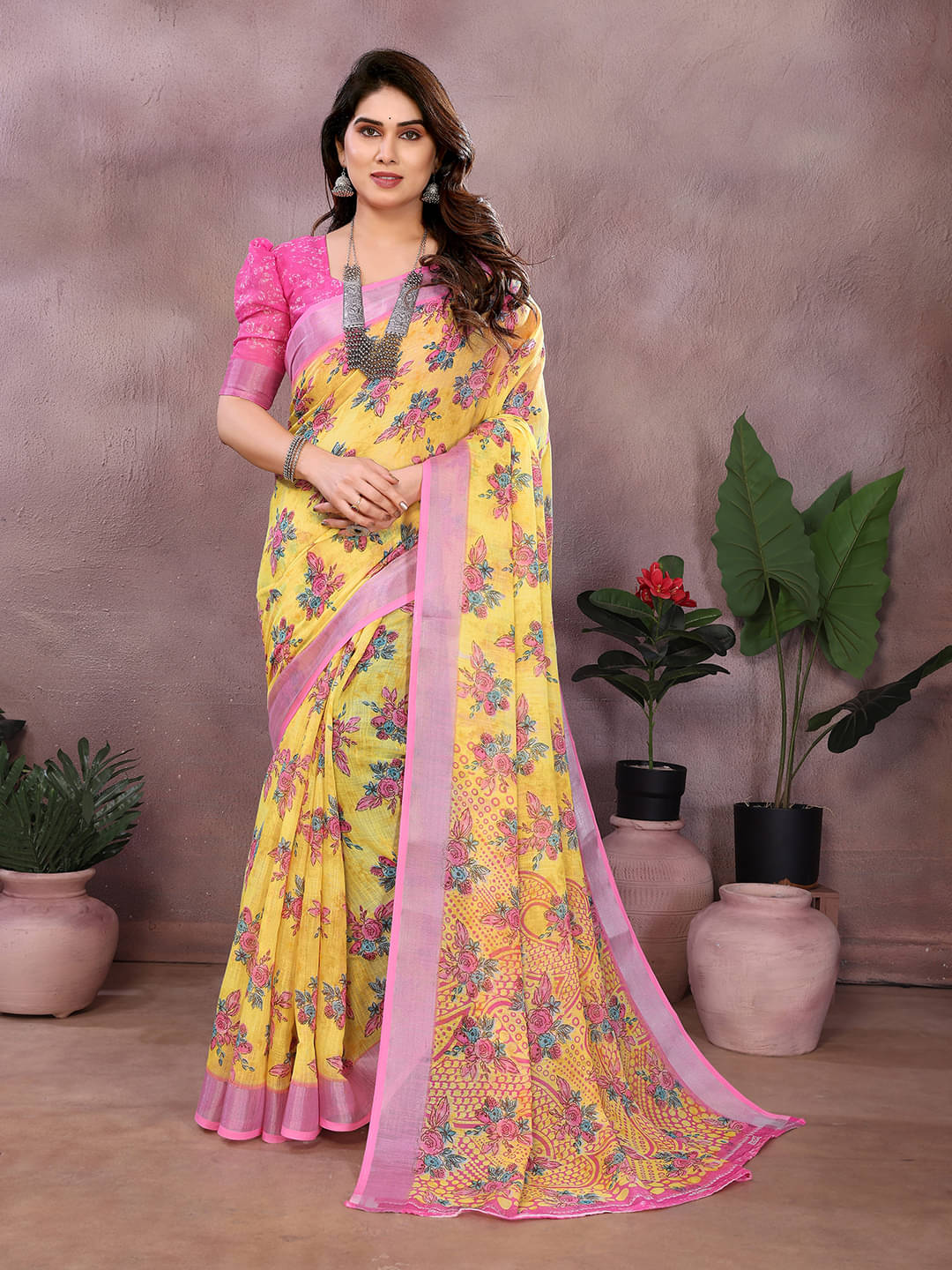     			Kashvi Sarees Linen Printed Ilkal Saree With Unstitched Blouse Piece ( YELLOW )