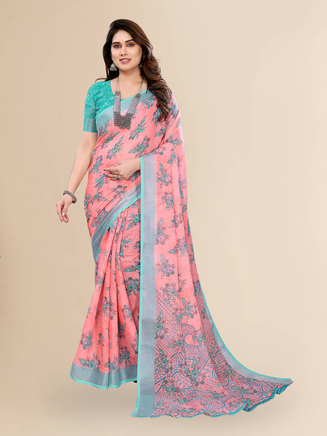     			Kashvi Sarees Linen Printed Ilkal Saree With Unstitched Blouse Piece ( PINK )