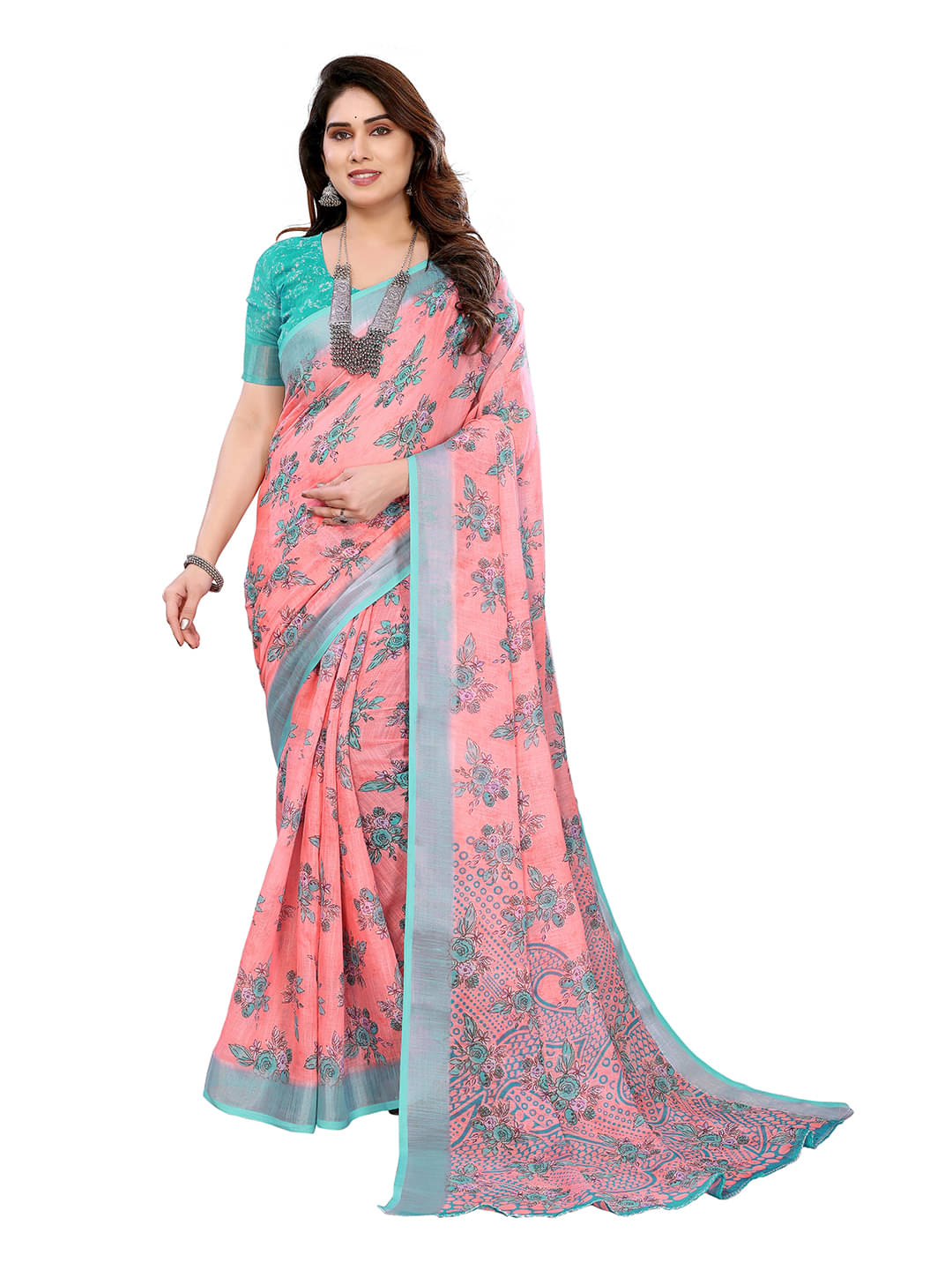     			Kashvi Sarees Linen Printed Ilkal Saree With Unstitched Blouse Piece ( PINK )