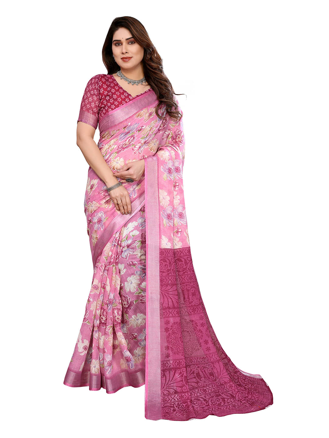     			Kashvi Sarees Linen Printed Ilkal Saree With Unstitched Blouse Piece ( PINK )