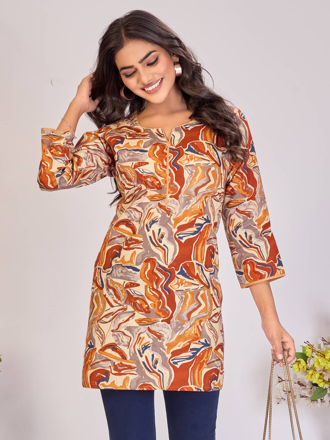     			Larqi Women Cotton Printed Straight Kurti ( Orange )
