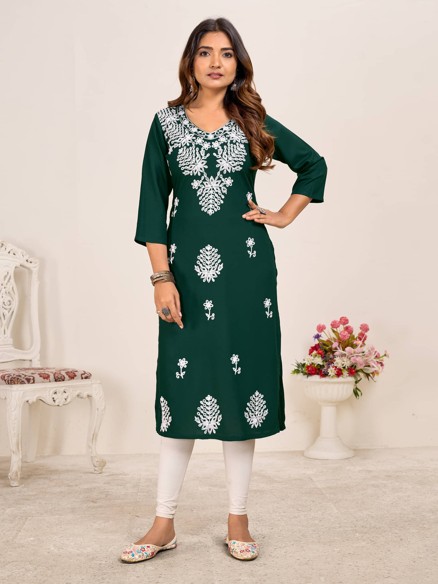     			Larqi Women Viscose Rayon Embellished Straight Kurti ( Green )