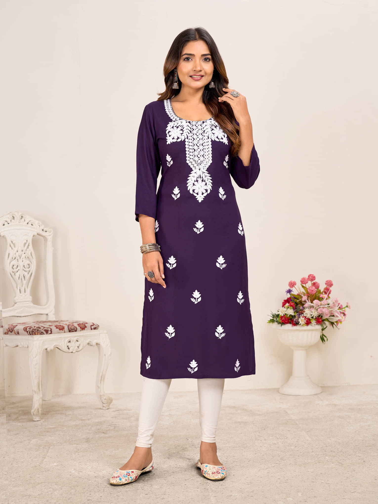 Larqi Women Viscose Rayon Embellished Straight Kurti ( Purple ) Larqi Women Viscose Rayon Embellished Straight Kurti ( Purple )
