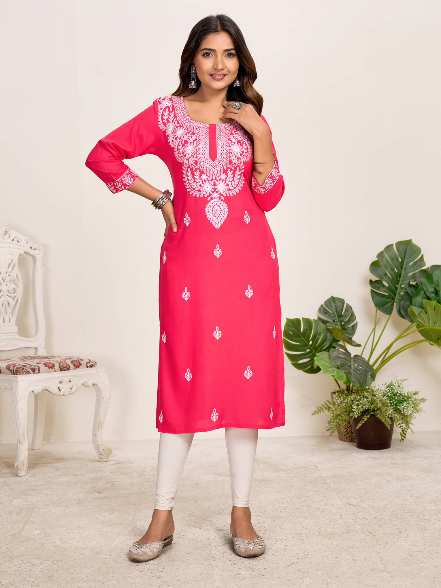     			Larqi Women Viscose Rayon Embellished Straight Kurti ( Pink )