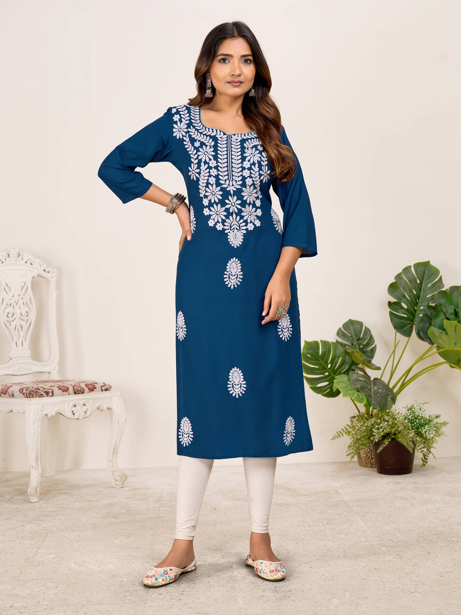     			Larqi Women Viscose Rayon Embellished Straight Kurti ( Teal )