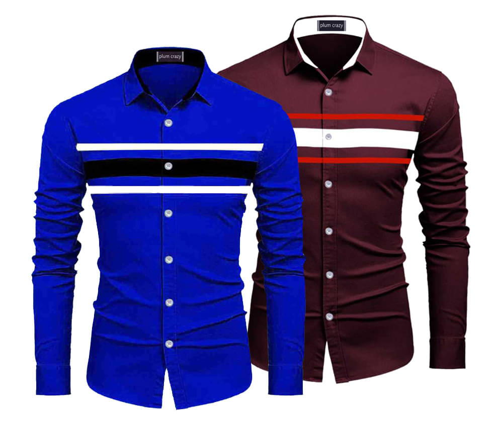     			Plumcrazy Cotton Blend Regular Fit Solids Full Sleeves Men's Casual Shirt - Blue ( Pack of 2 )