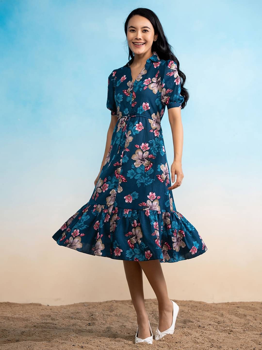     			RAIYANI FASHION Women Crepe Printed Fit & Flare Dress ( Blue )