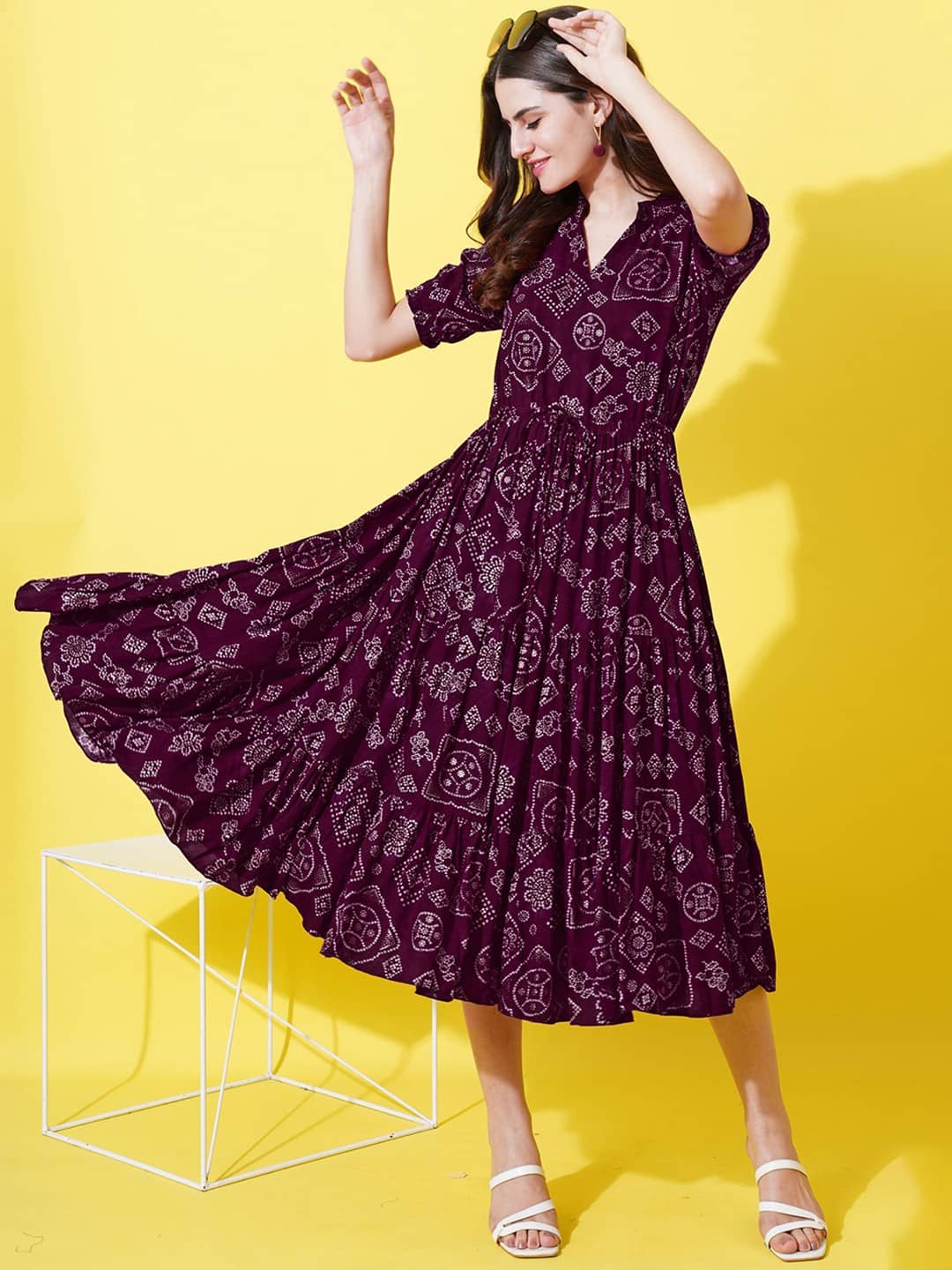 RAIYANI FASHION Women Crepe Printed Fit & Flare Dress ( Wine )